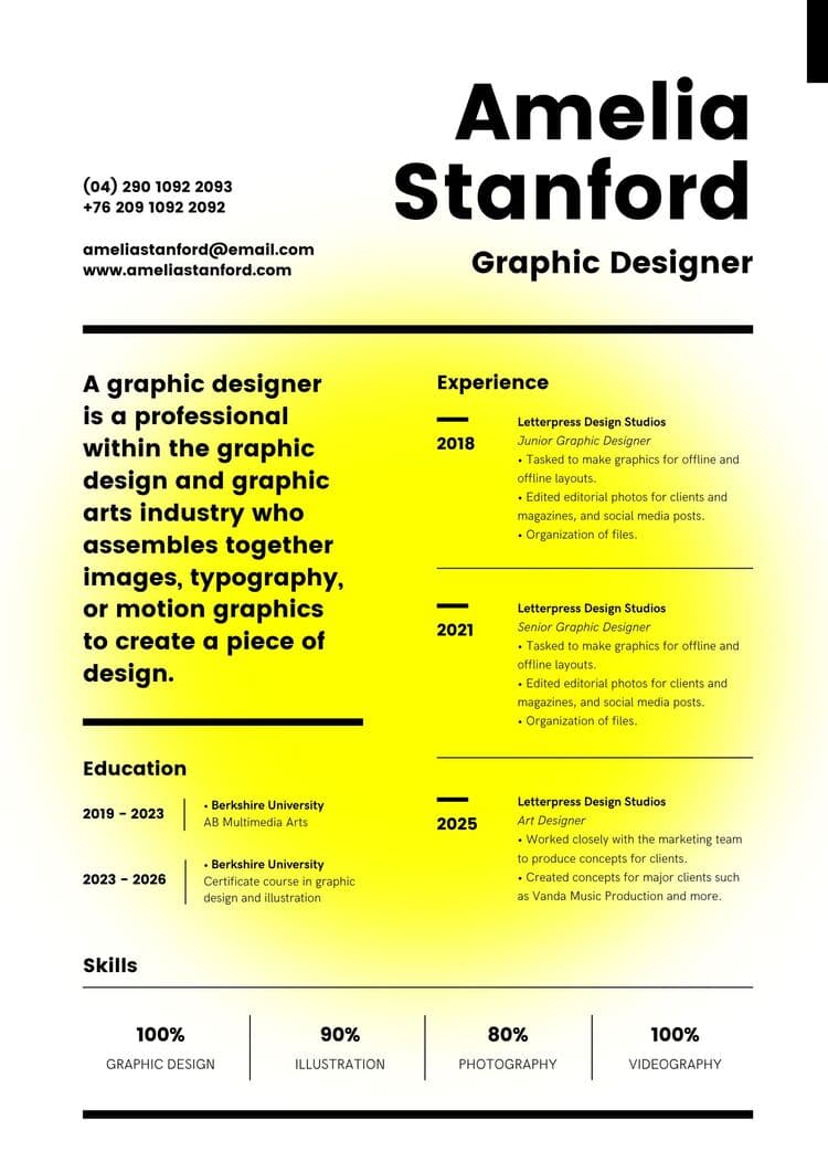 Black and Yellow Graphic Designer Canva Creative Resume