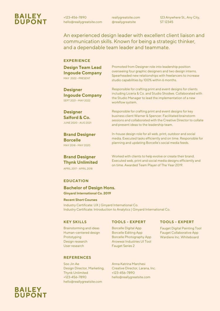 Olive Peach Pink Minimalist Resume from Canva by Take Care Creative