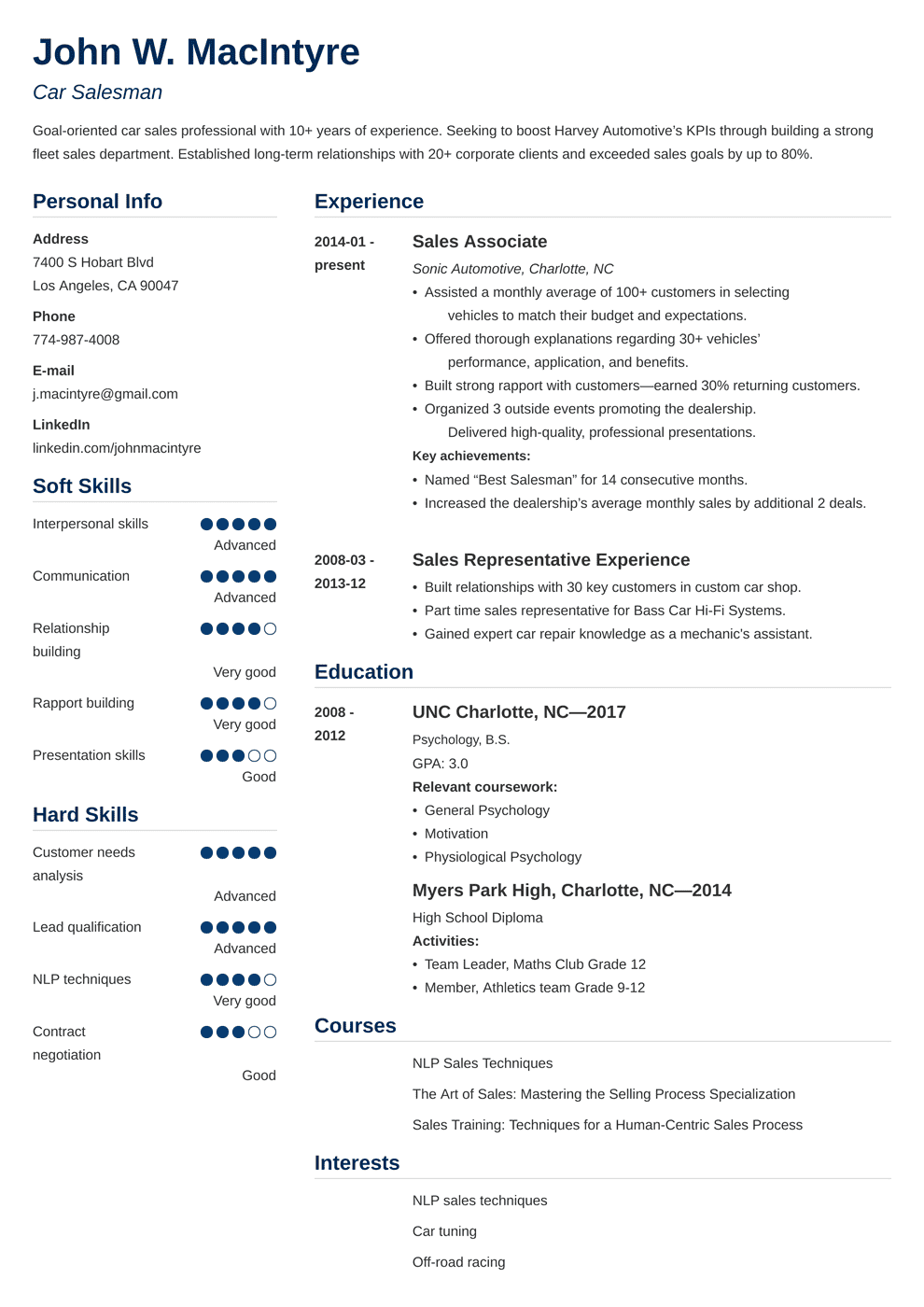 Car Salesman Resume Examples & Automotive Sales Job Skills