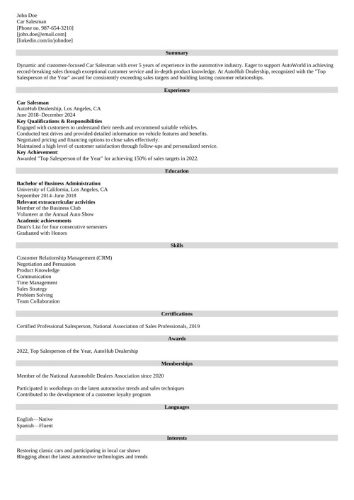 Car Salesman Resume Sample