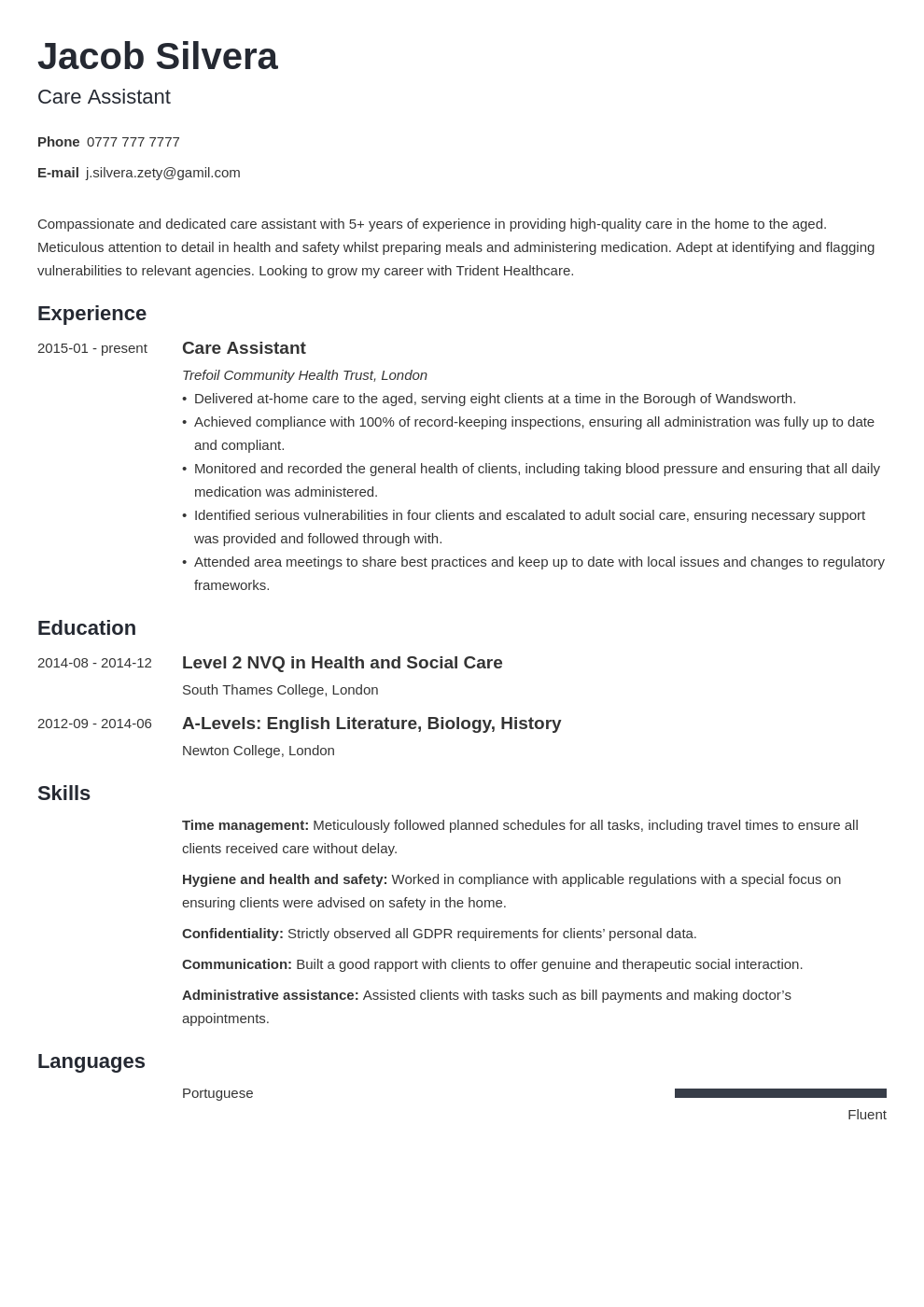 resume for aged care worker with no experience