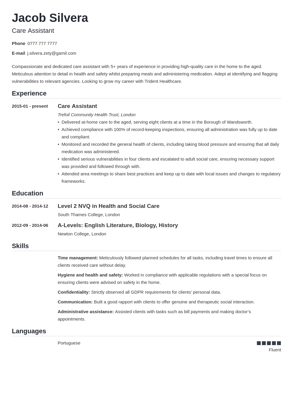 health care assistant resume examples