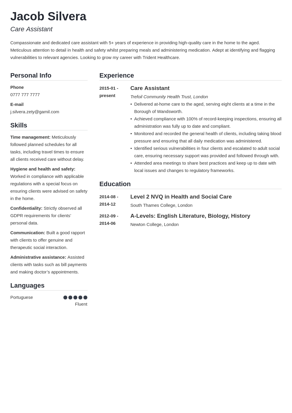 personal statement for care assistant cv