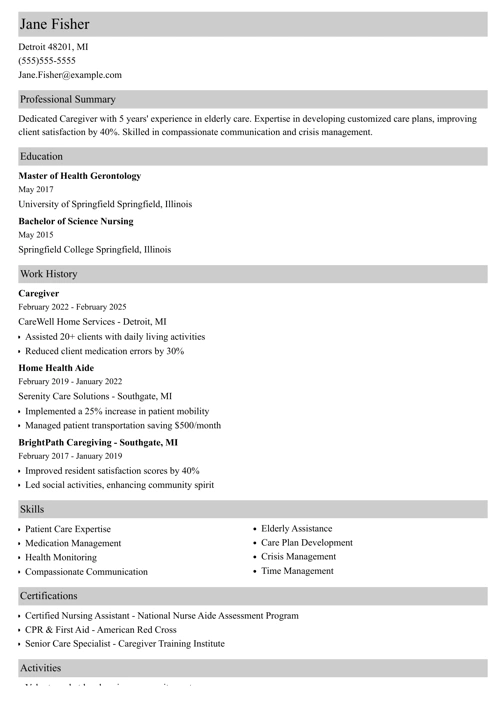 Caregiver resume example