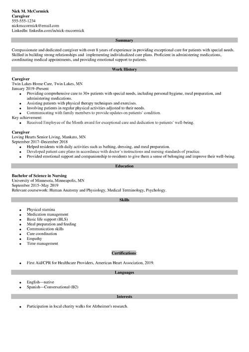Caregiver Job Description for a Resume