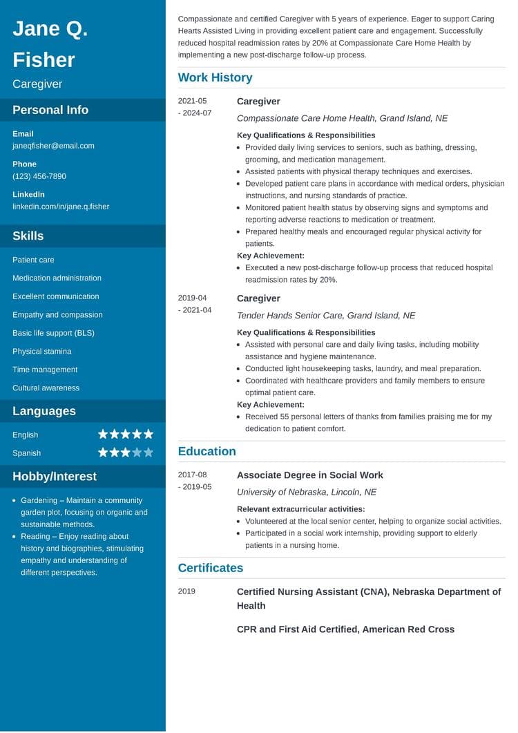 Cascade resume template for caregivers