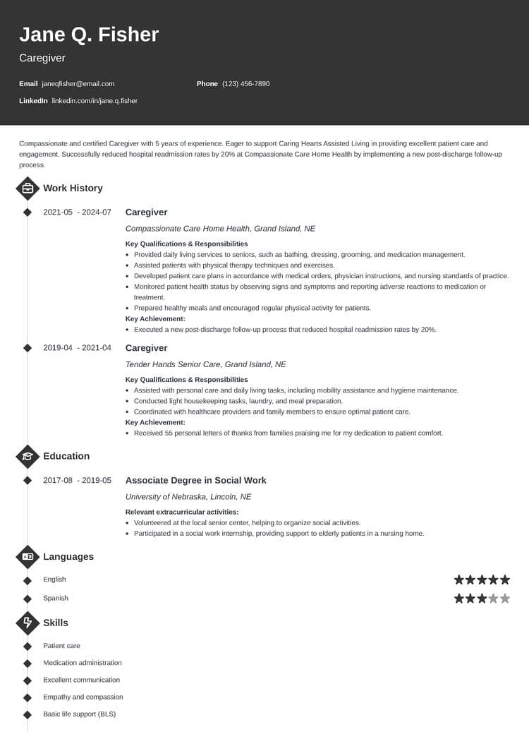 Diamond resume template for caregivers