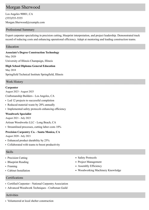 Carpenter Resume Example