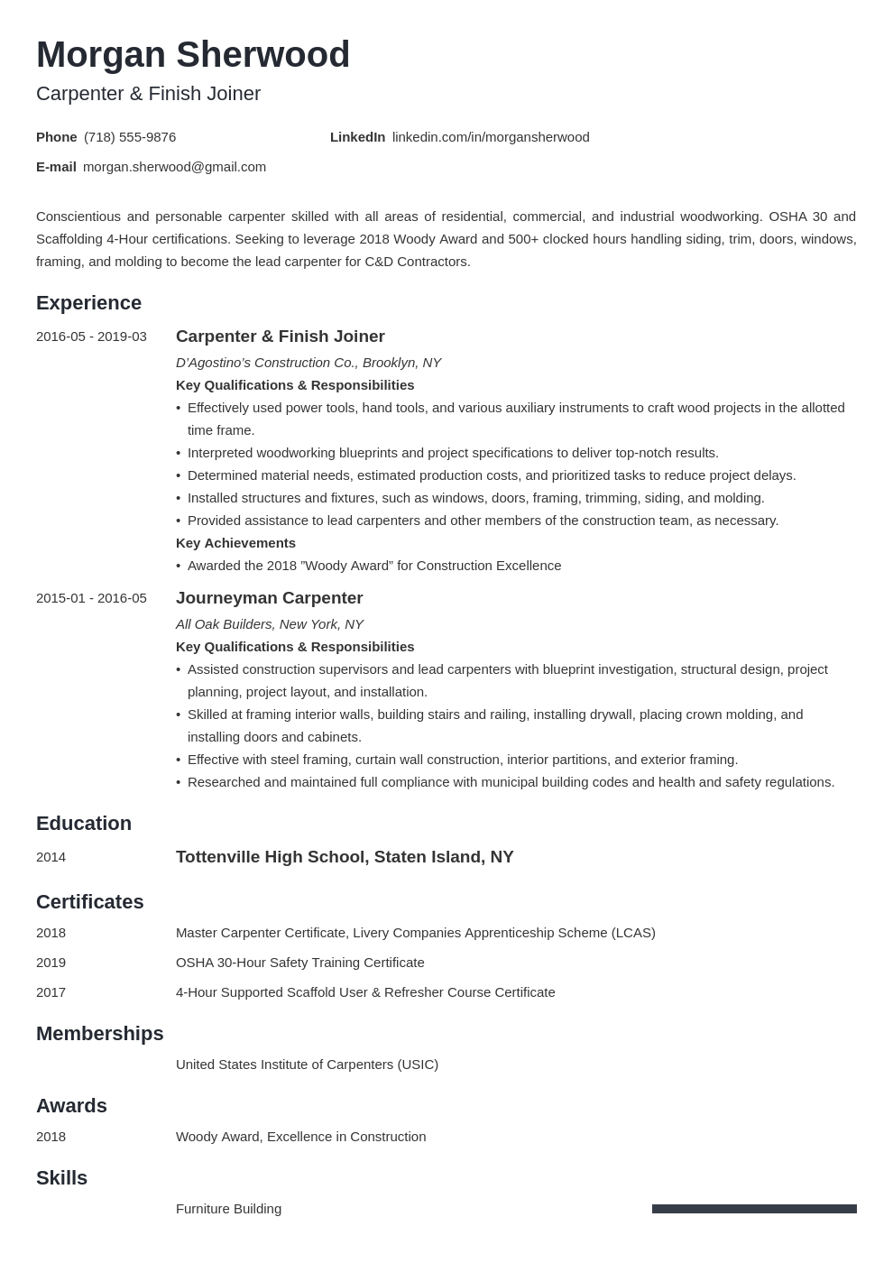 Carpenter Resume Examples (+ Carpentry Resume Skills)