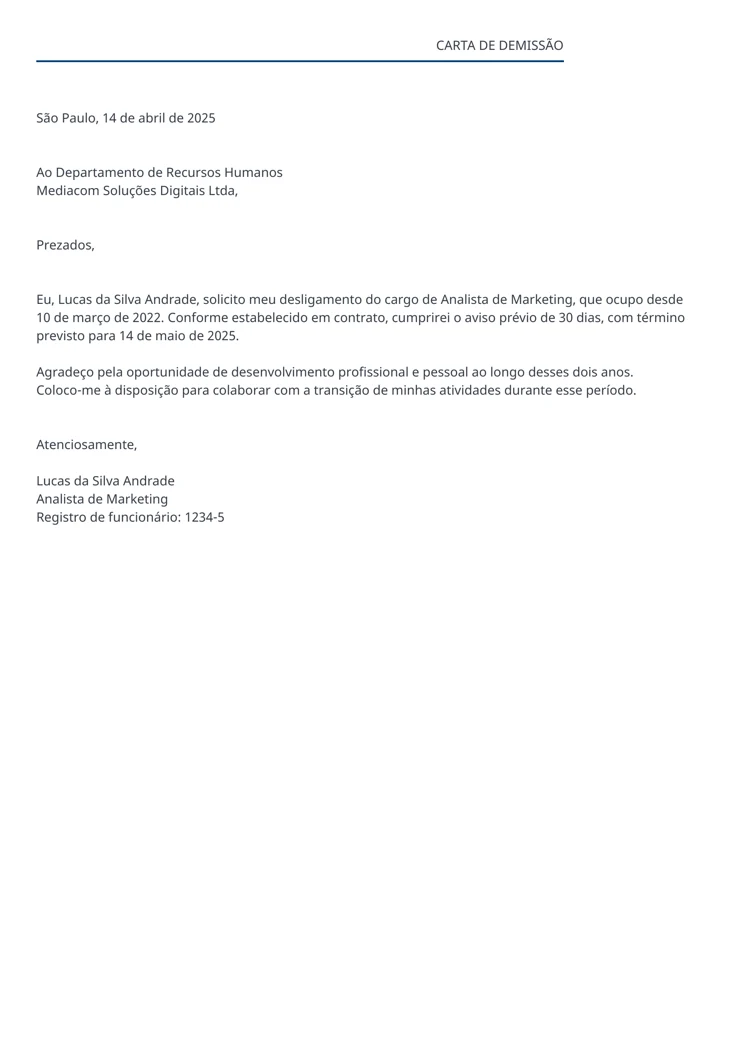 exemplo de carta de demissão com modelo editável