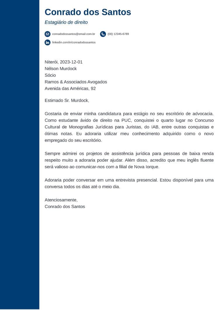 Exemplo de carta de apresentação para estágio em direito