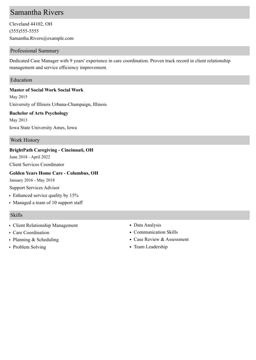 Case Manager Resume Sample