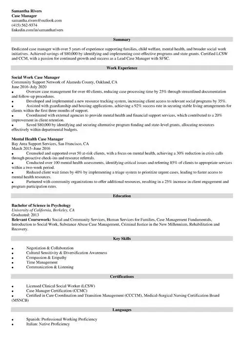 Case Manager Resume Sample