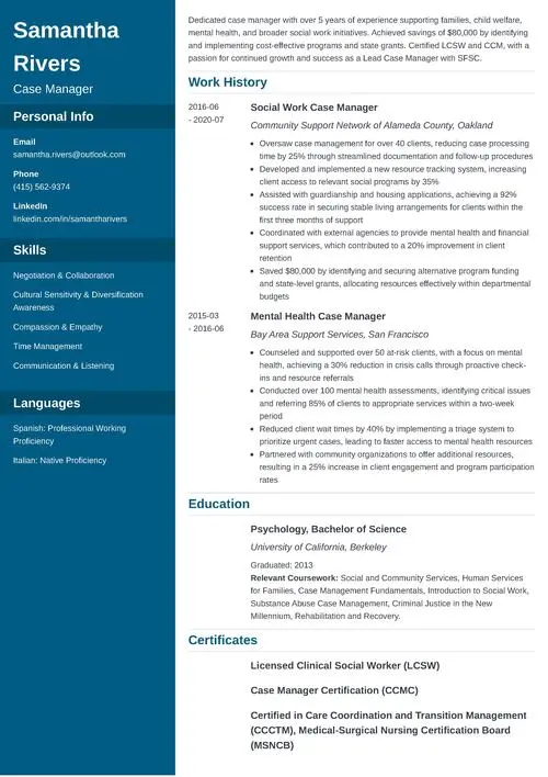 Case Manager Resume Sample