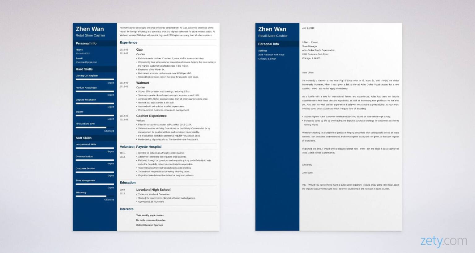 cashier resume and cover letter set