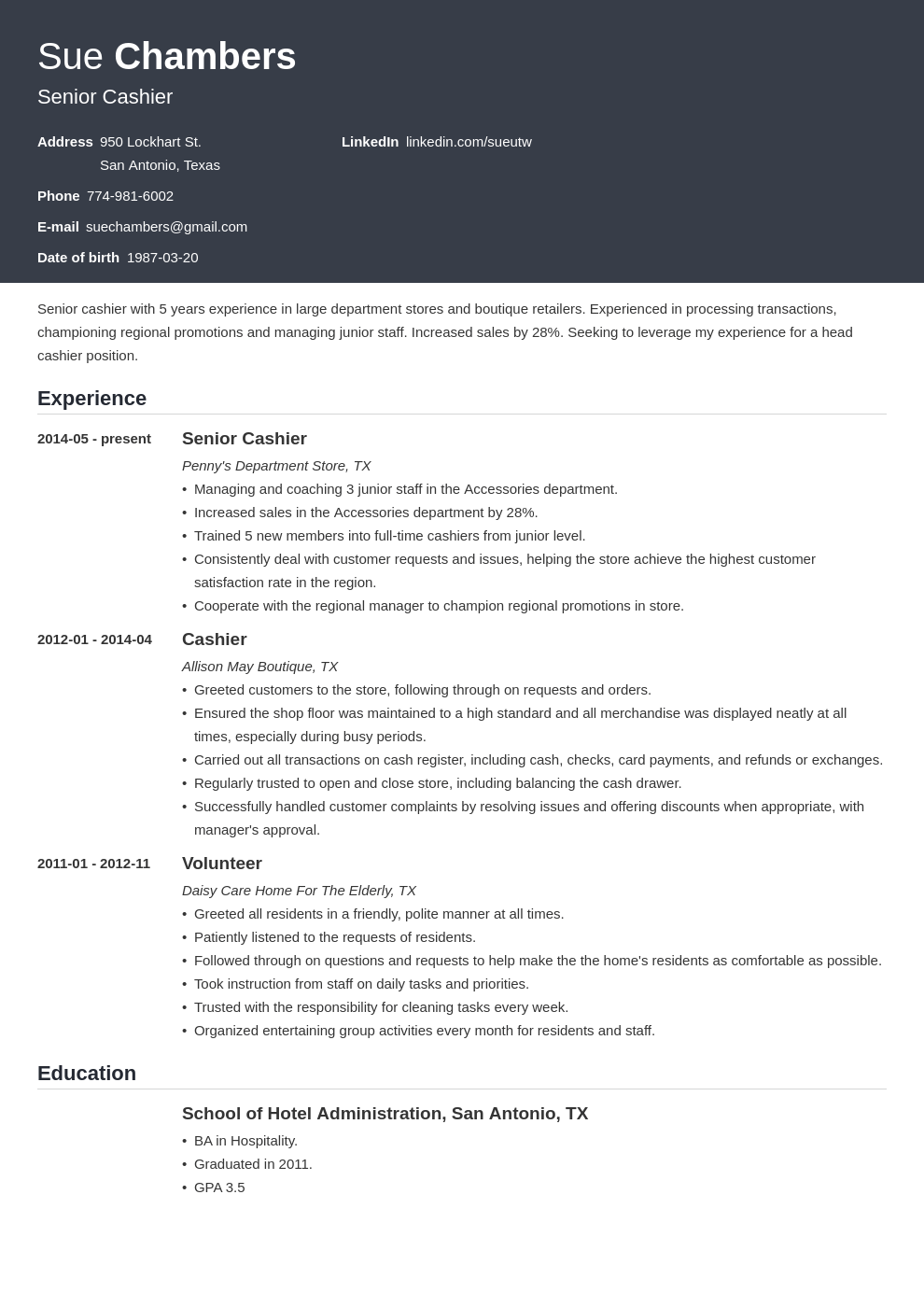 cashier resume template influx