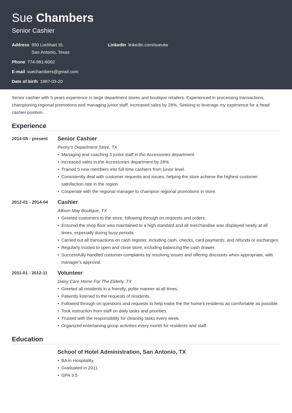 Cashier CV Examples