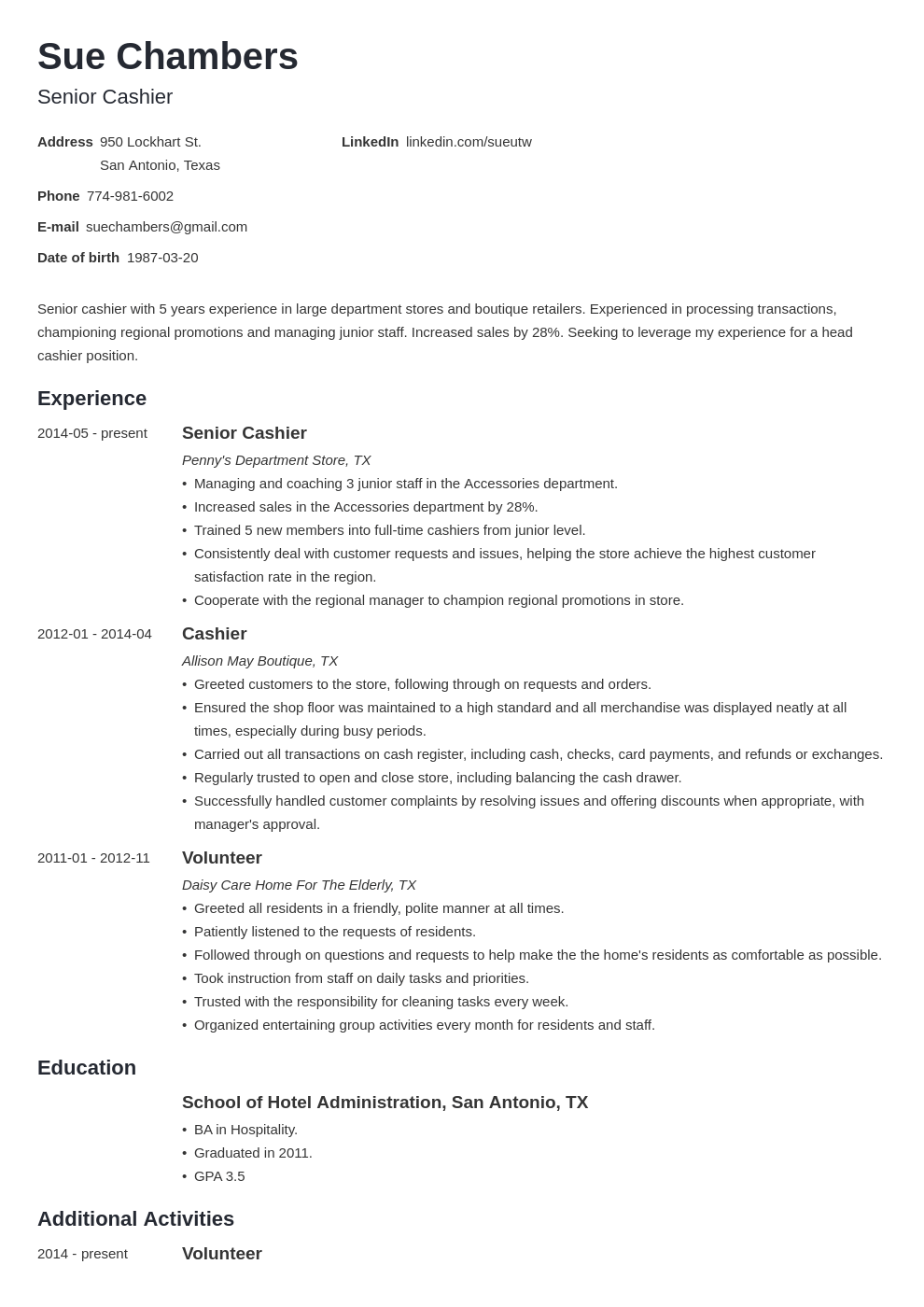 resume for hotel cashier