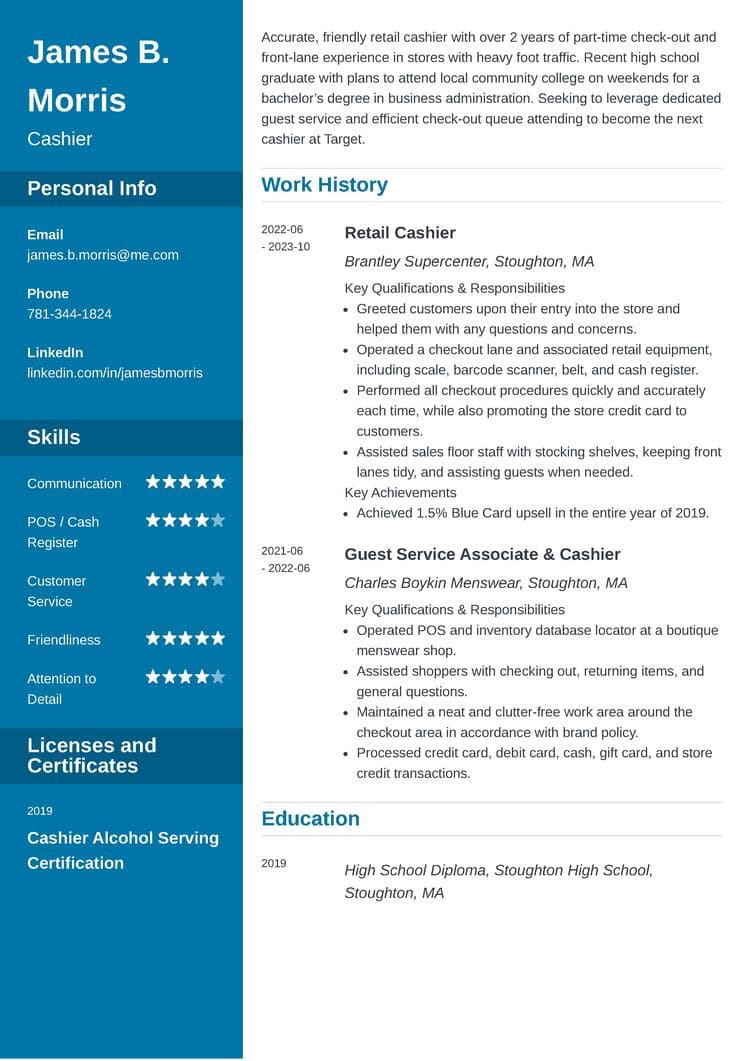 Cashier Resume Template - Cascade