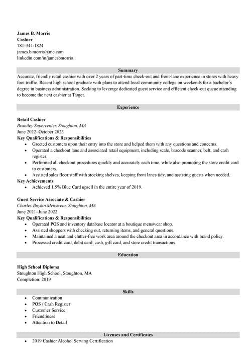 cashier resume example