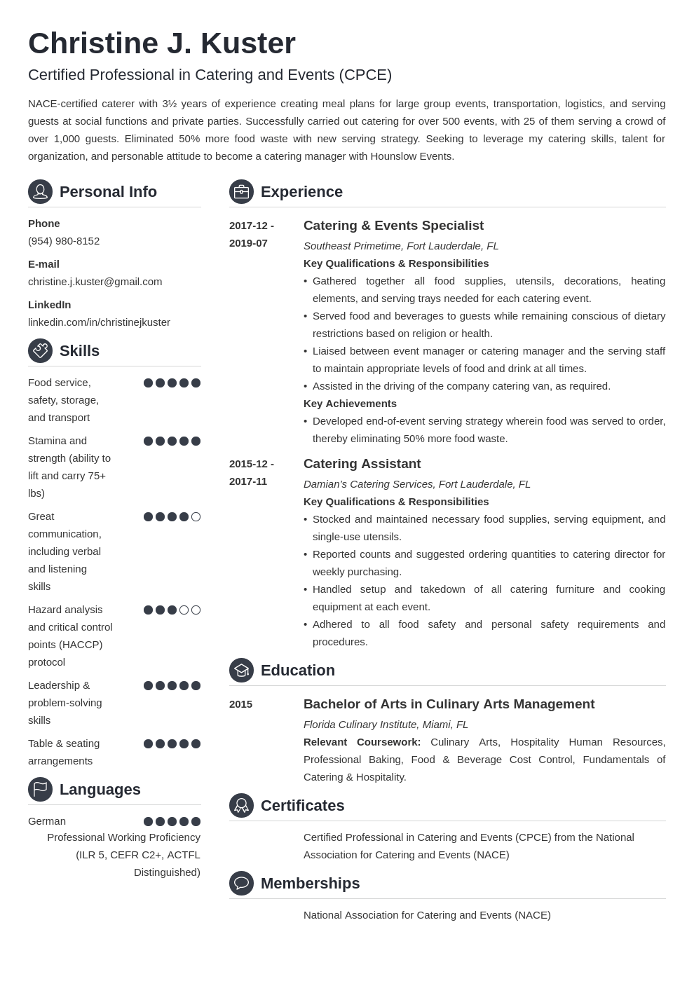 catering resume example template crisp