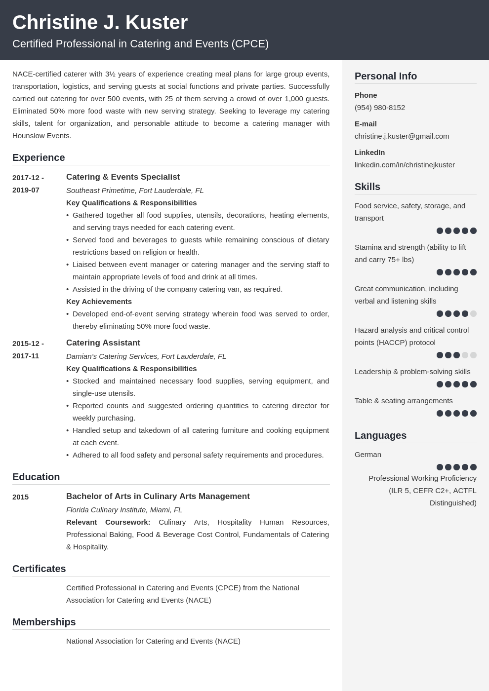 Catering Resume Sample Job Description Skills