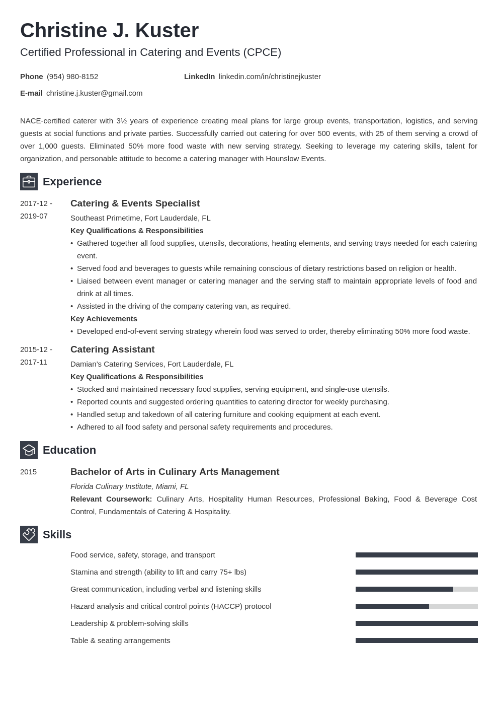 Catering Resume Sample Job Description & Skills