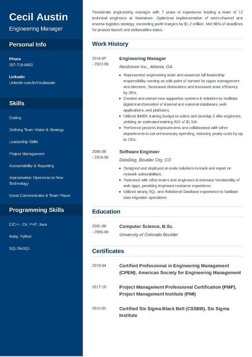 engineering manager resume example