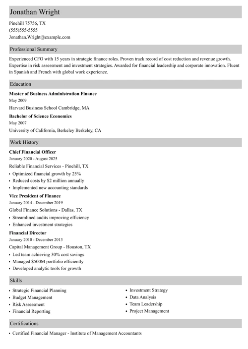 cfo resume templates