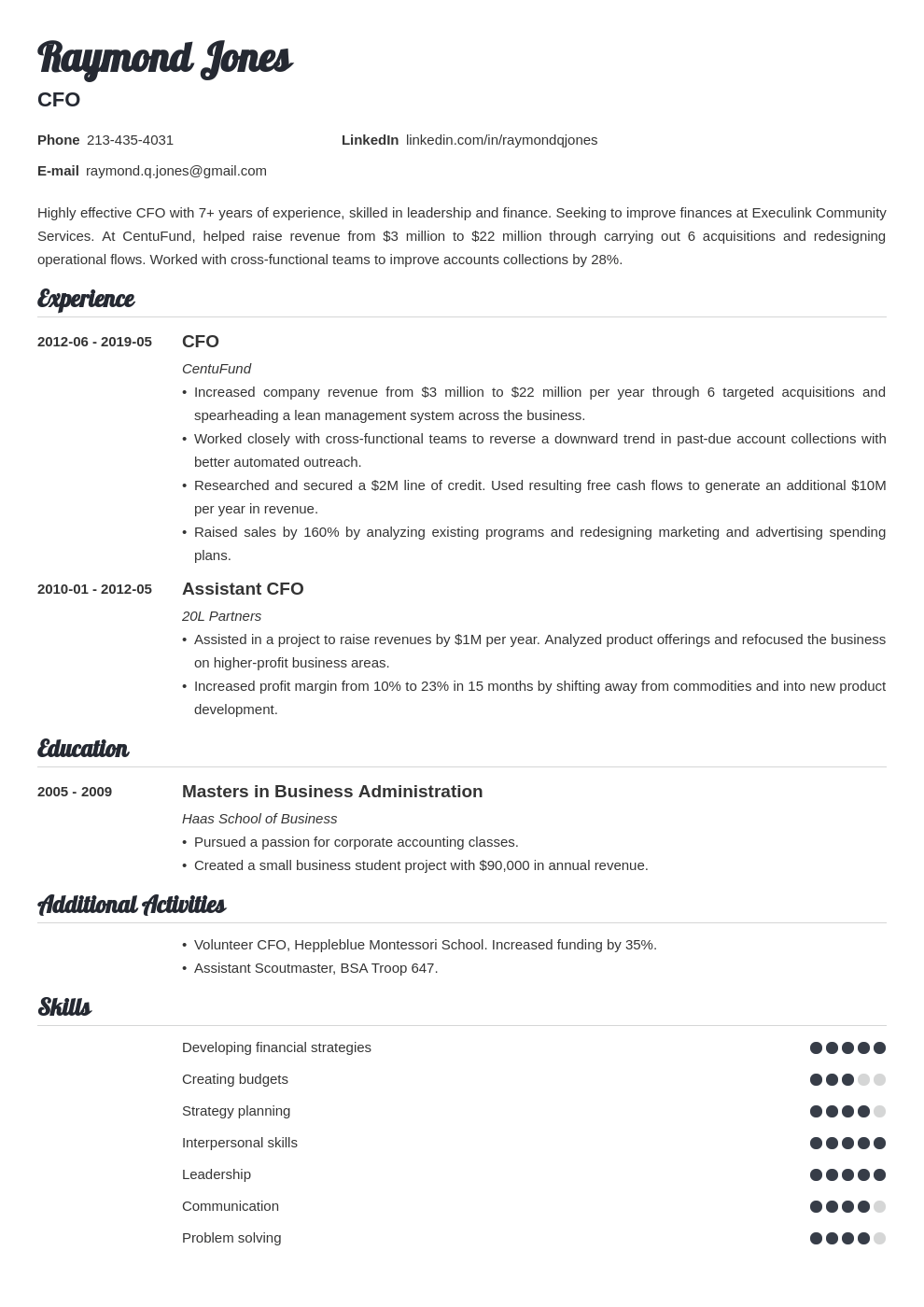 cfo resume example template valera