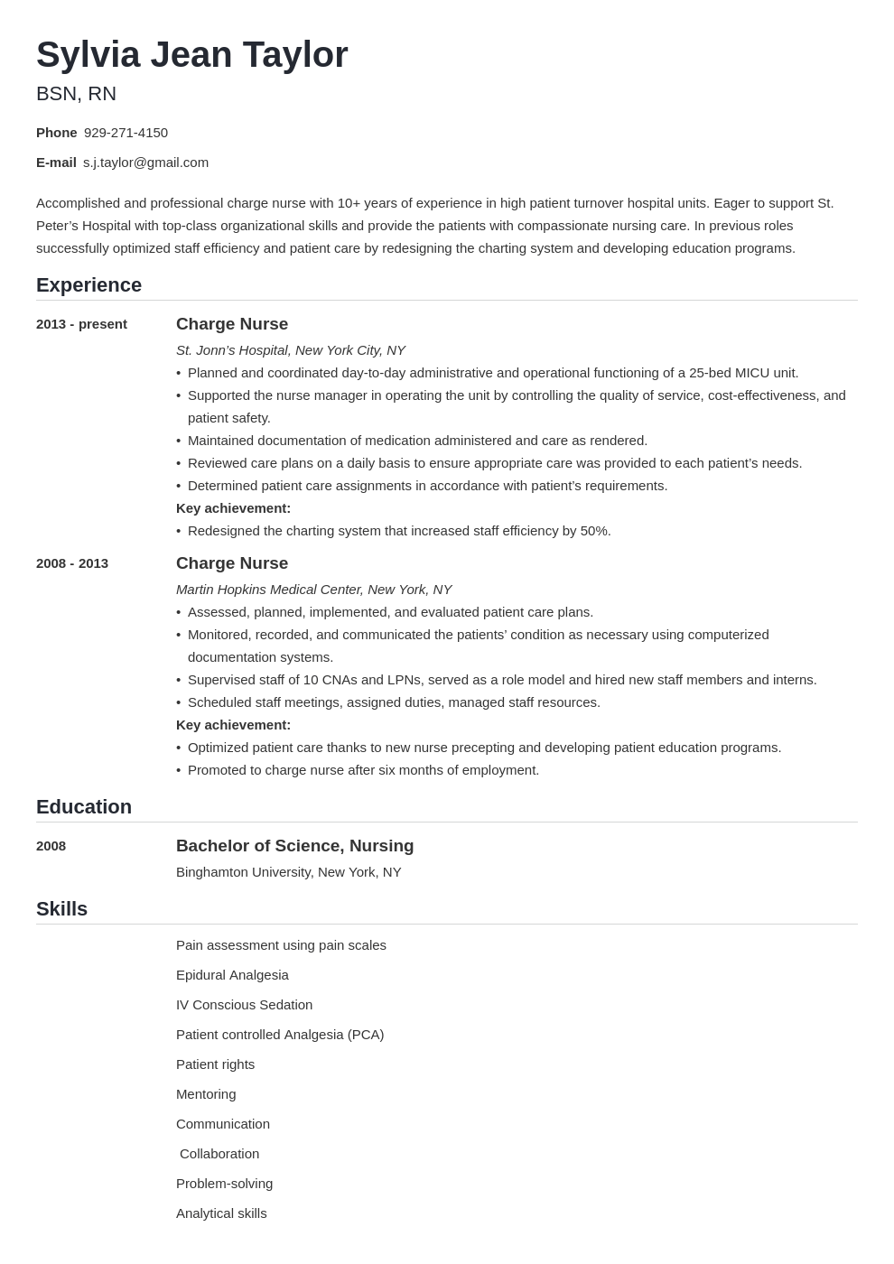 charge nurse resume example template nanica