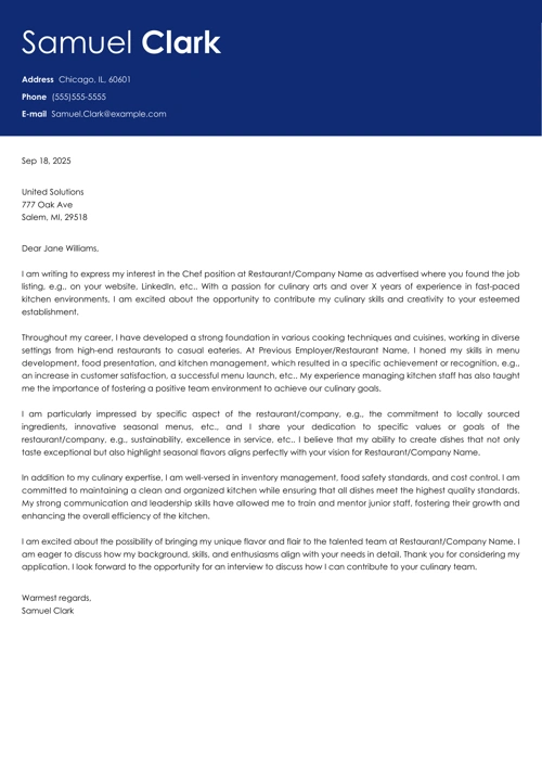 Chef Cover Letter Examples [Sous, Executive, Pastry]