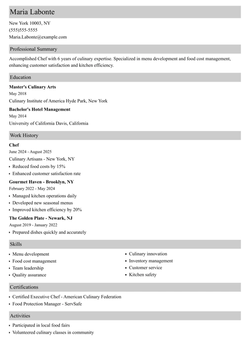 Chef resume example