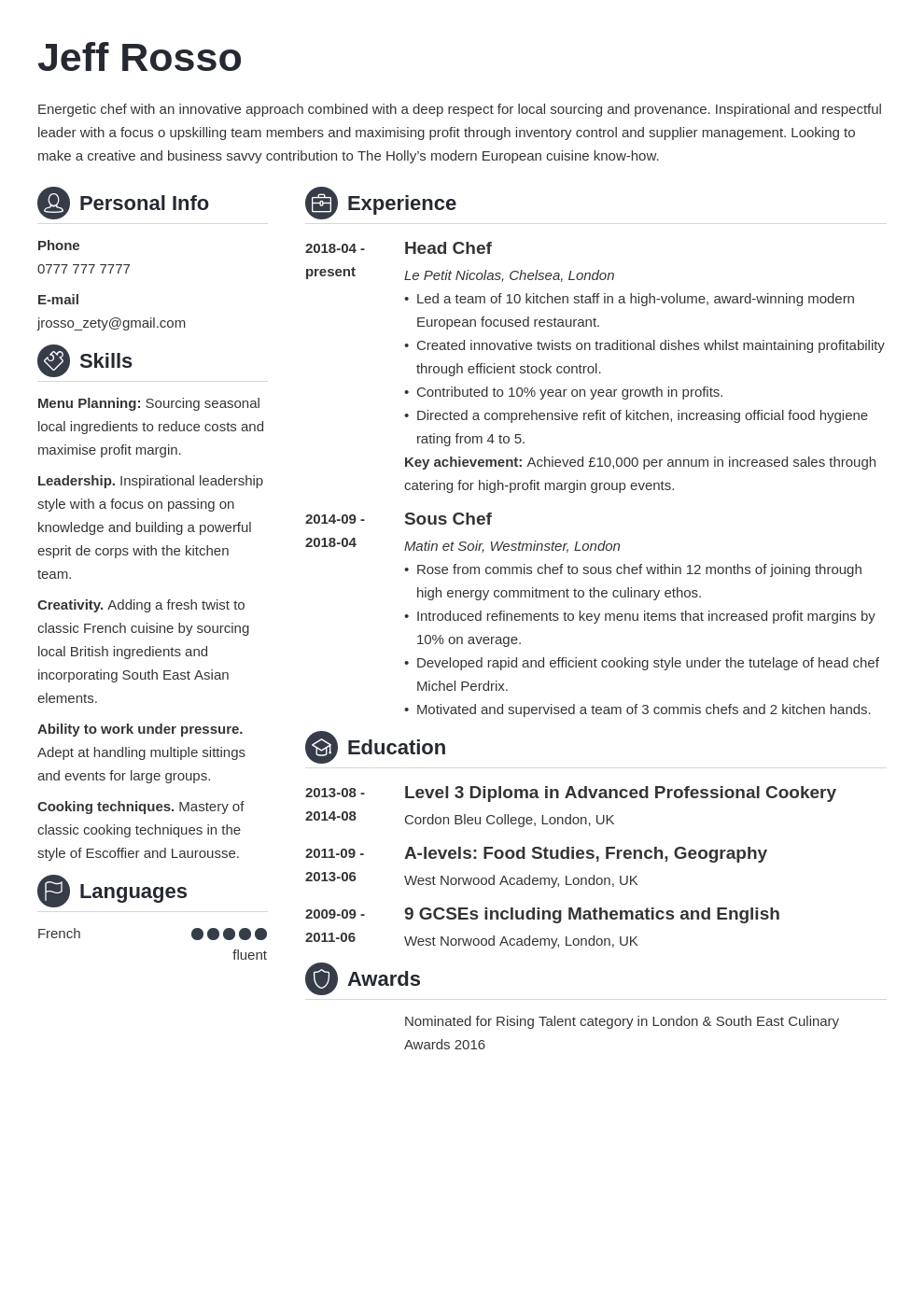 Chef CV Example & Writing Guide: Template & 20+ Tips