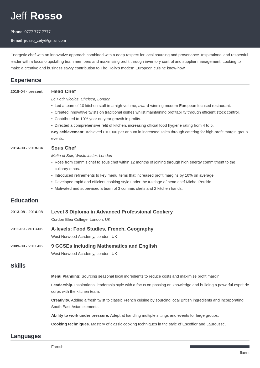 Chef CV Example & Writing Guide: Template & 20+ Tips