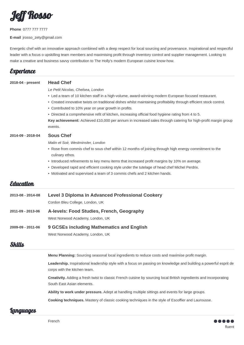 Chef CV Example Writing Guide Template 20 Tips