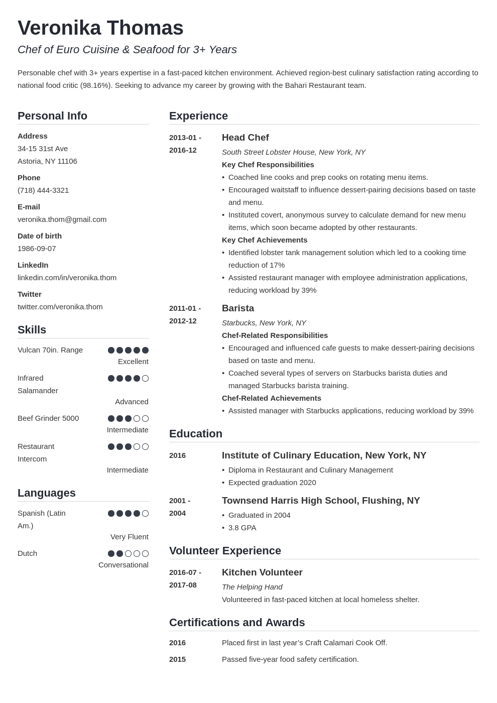 chef resume example template simple