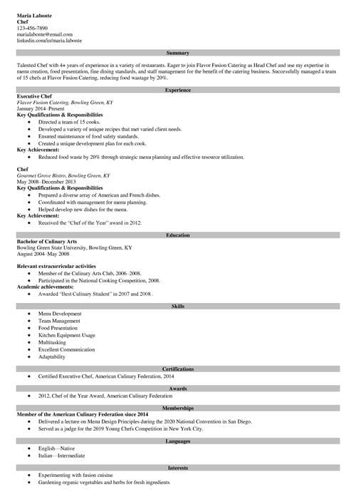 Chef resume example