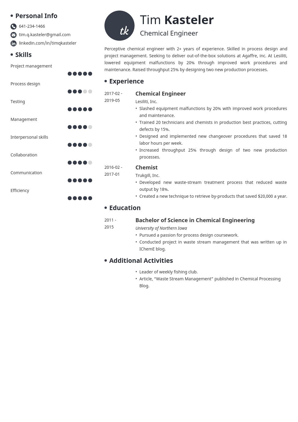 chemical engineer resume example template initials