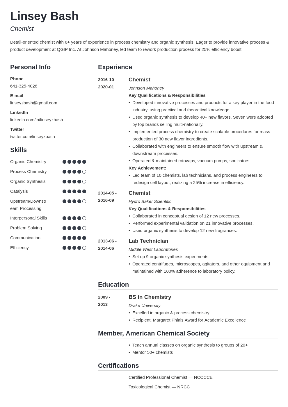 chemistry resume example template simple