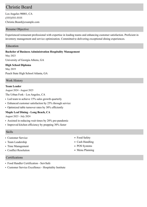 Chick-fil-A resume example