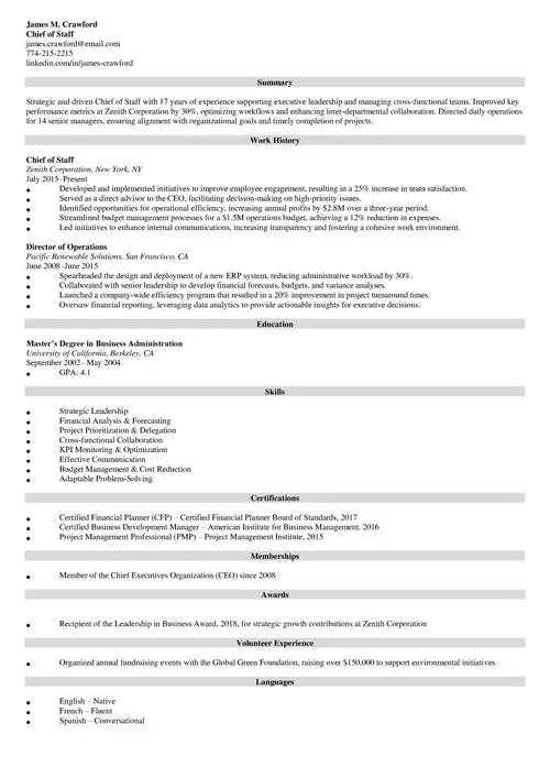 Chief of Staff Resume Sample