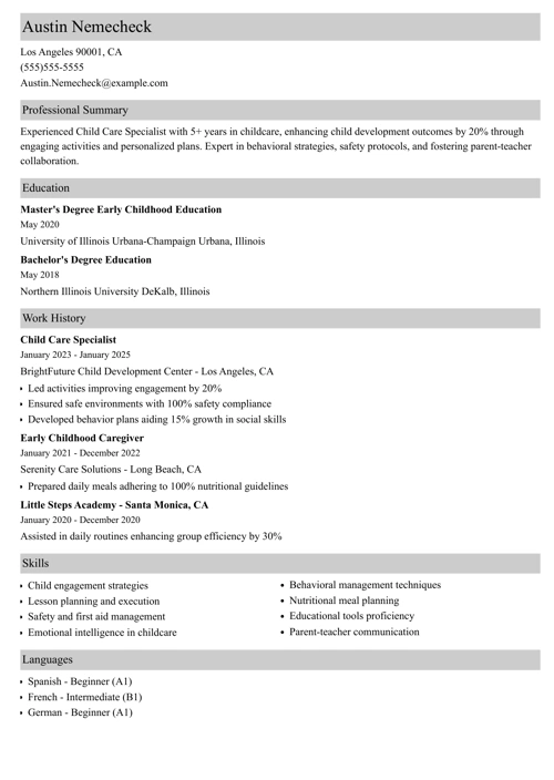 Child care resume example