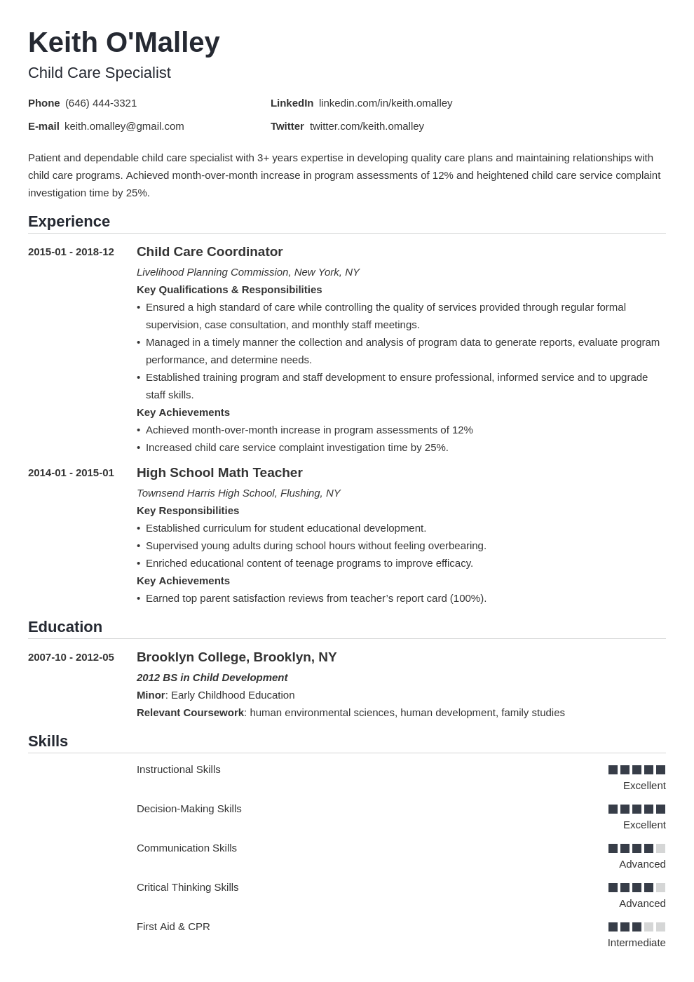 Child Care Provider Resume Example With Skills Objectives