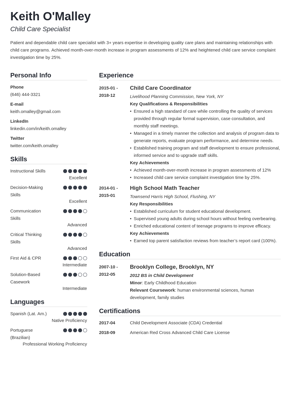 child care resume example template simple