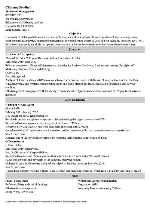 Resume for Internship Sample