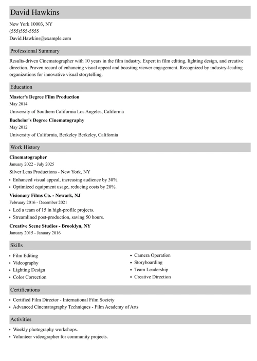 cinematographer resume example