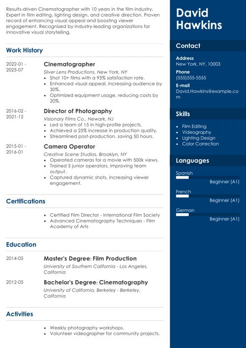 cinematographer resume example