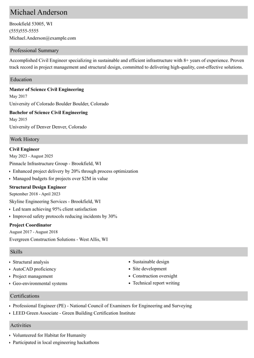 Civil engineering resume example