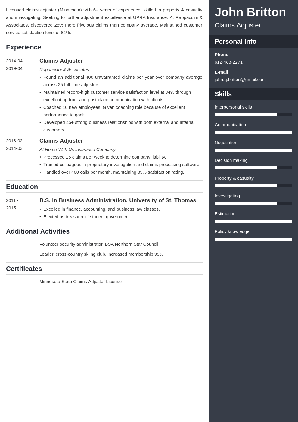 claims adjuster resume example template enfold